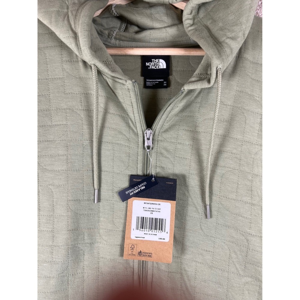 The North Face Womens Tea Green Quilted Logo Full Zip Hoodie NF0A7QIN 2X NEW - Picture 2 of 10